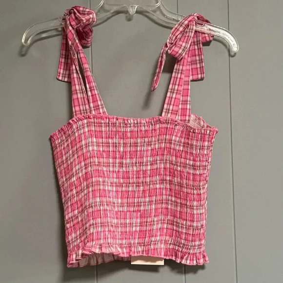 Tops - FANCO Pink Plaid Smocked Tube Top with Scalloped Edge and Shoulder Ties Size M